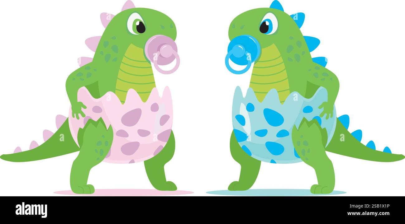Personnages mignons de dinosaure de bébé fille et garçon pour la douche de bébé et la fête de révélation de sexe. Vecteur de style de dessin animé Illustration de Vecteur