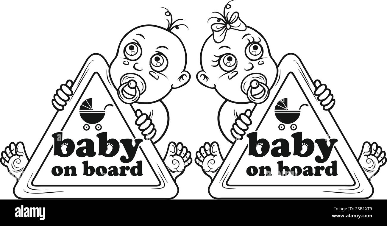 Dessin de jumeaux, garçon et fille, tenant un bébé à bord signe de voiture. Illustration de Vecteur