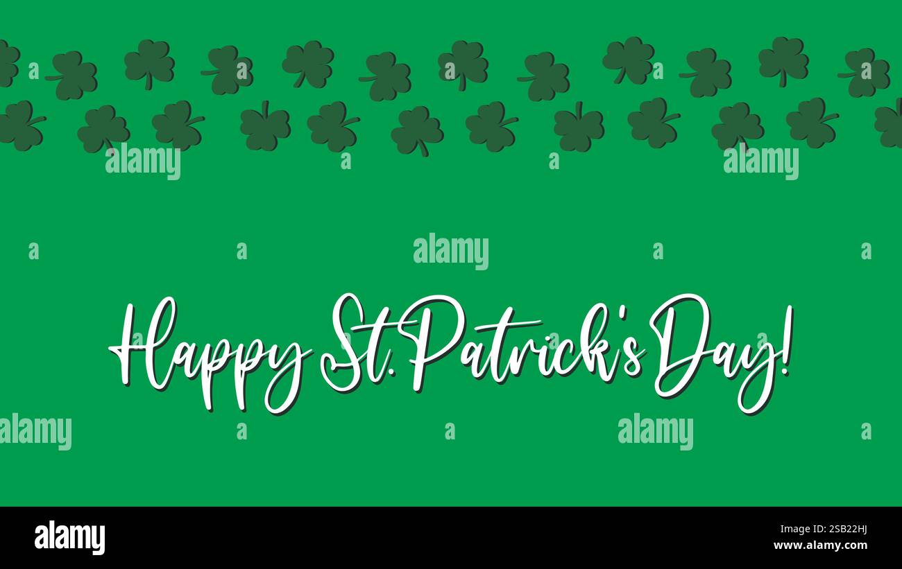 Bannière horizontale simple avec texte Happy compris Patrick's Day. Modèle vert avec motif de feuilles de trèfle. Graphiques vectoriels Illustration de Vecteur