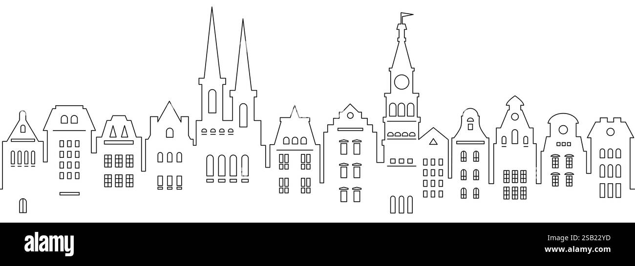 Fond abstrait urbain. Ensemble de maisons de style Amsterdam. Bordure transparente. Façades stylisées de bâtiments dans la vieille vue européenne. Illustration de Vecteur