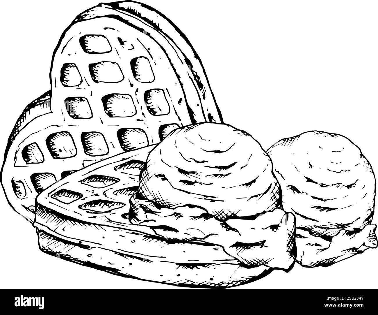 Illustration vectorielle d'encre dessinée à la main de gaufres en forme de coeur avec des cuillères de crème glacée. Petit déjeuner classique et clipart dessert pour les menus de café Illustration de Vecteur