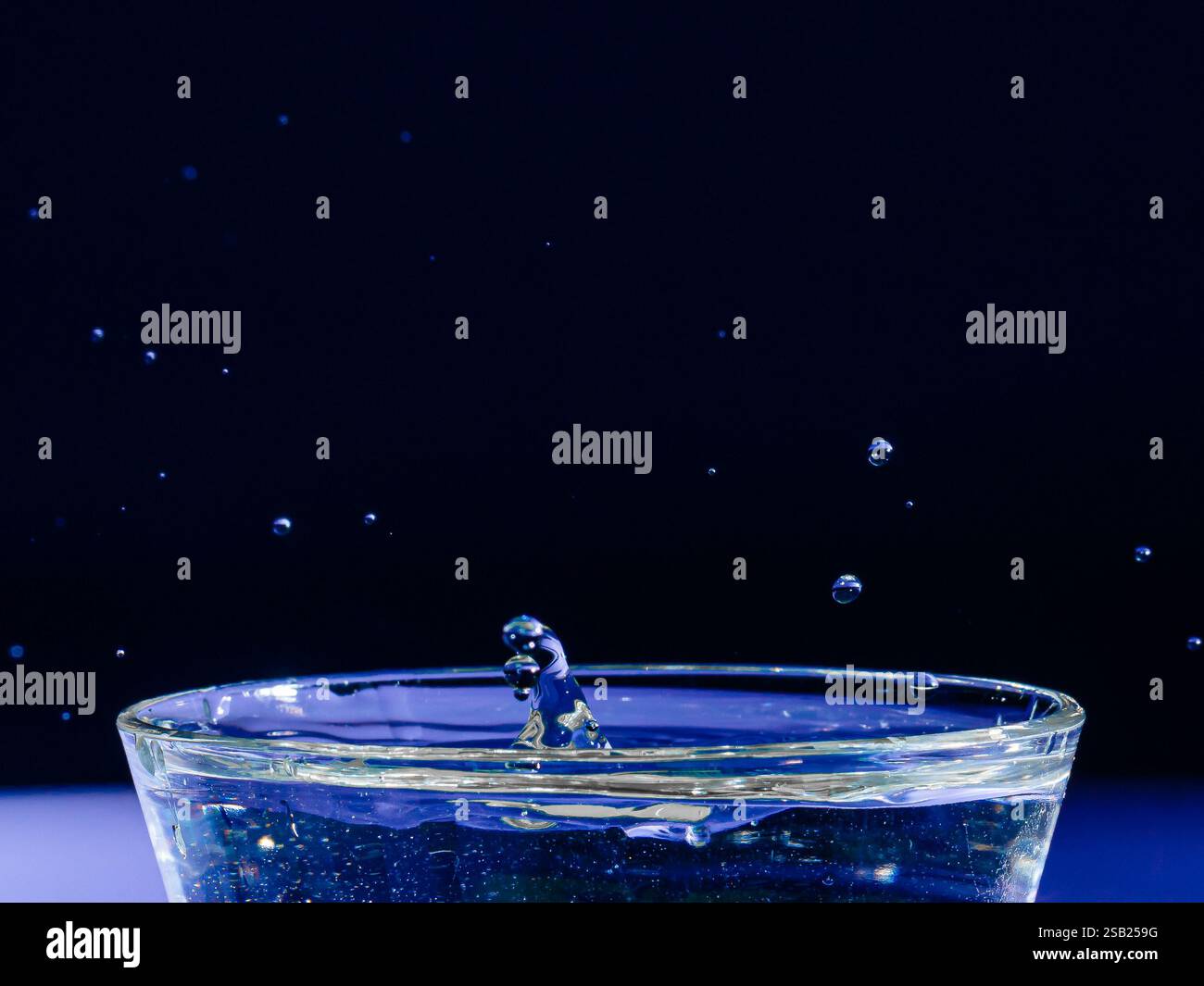 Capture dynamique de gouttelettes d'eau limpides suspendues dans les airs au-dessus d'un bol en verre, sur fond bleu foncé. L'image capture t Banque D'Images