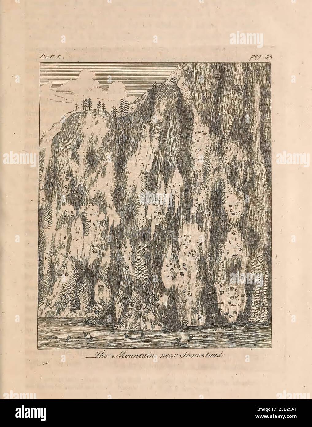 L'histoire naturelle de la Norvège, Londres, imprimé pour A. Linde, 1755, Norvège, histoire naturelle, Une falaise escarpée se dresse en évidence, marquée par une variété de textures et de motifs, avec de petits arbres à feuilles persistantes perchés au sommet de son sommet. Au pied de la falaise, quelques petits bateaux naviguent dans l'eau, suggérant un sens de l'exploration ou de l'aventure. Le paysage environnant est détaillé avec des zones ombragées qui indiquent le jeu de la lumière et de l'ombre, améliorant les caractéristiques dramatiques de la paroi rocheuse. Cette scène transmet un sentiment de grandeur et la beauté sauvage de la nature, évoquant l'esprit de découverte dans un Banque D'Images