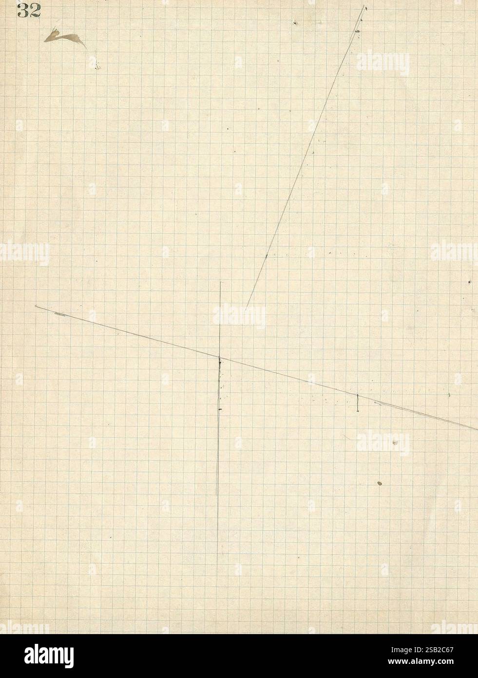Chichen Itza, Mexique, 1895. 1895, Anthropologie, Archéologie, Chichen Itza, notes de terrain, géologie, illustrations, art maya, Mexique, péninsule du Yucatan, archives, de nombreux chapeaux de Holmes, Une feuille de papier millimétré avec de faibles lignes de quadrillage créant un fond structuré. Dans la partie supérieure, il y a une petite déchirure dans le papier. Deux lignes fines sont tracées sur la surface, dont une s'étend en diagonale du coin inférieur gauche vers le coin supérieur droit, croisant une ligne horizontale qui s'étend au milieu. Le coin supérieur gauche est marqué avec le numéro « 32 », indiquant qu'il pourrait faire partie d'un L. Banque D'Images
