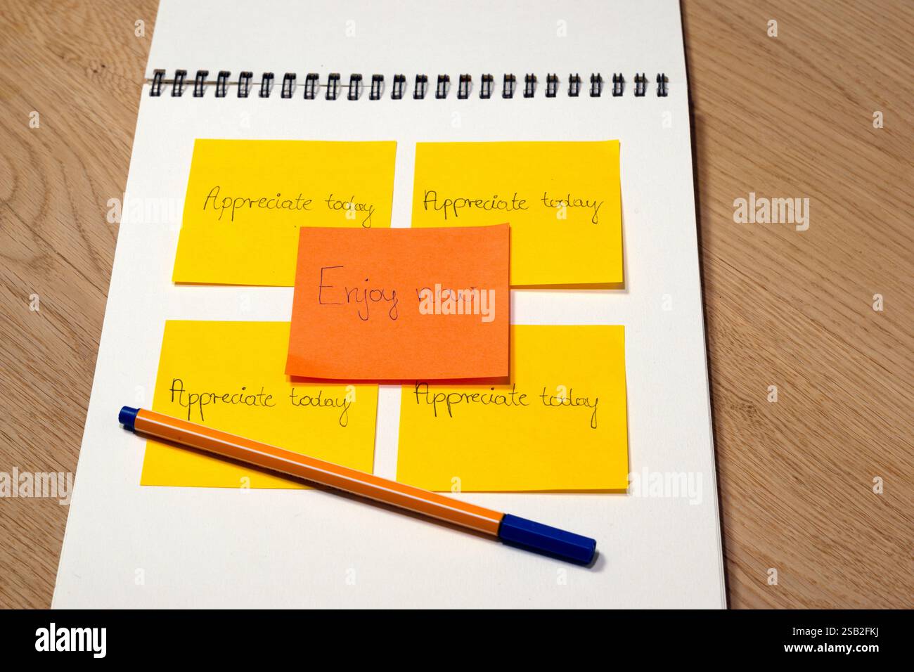 Un carnet à reliure spirale avec quatre notes adhésives jaunes avec un stylo sur le côté. » J’apprécie aujourd’hui. Profitez-en maintenant. » Photo conceptuelle Banque D'Images