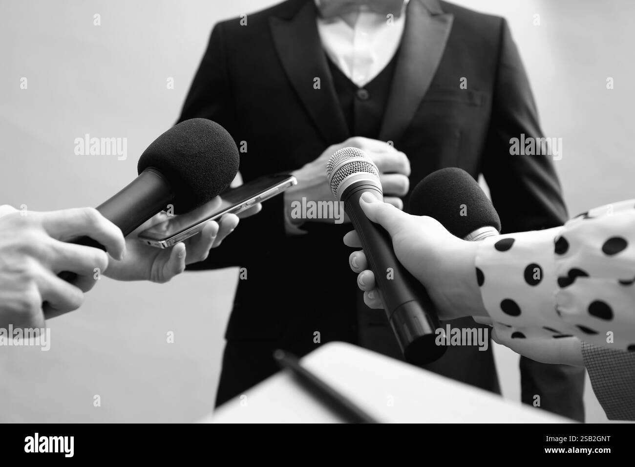 Journalistes interrogeant des célébrités, gros plan. Tonifié en noir et blanc Banque D'Images