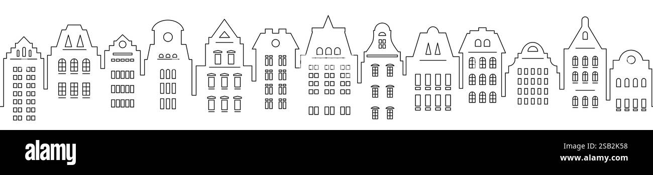 Fond abstrait urbain. Ensemble de maisons de style Amsterdam. Bordure transparente. Façades stylisées de bâtiments dans la vieille vue européenne. Illustration de Vecteur