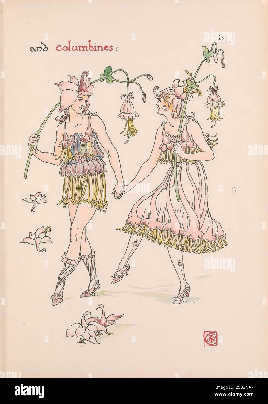 Fleurs du jardin de Shakespeare London Cassell & Co Ltd. 1909 histoire illustrations du XXe siècle livres illustrés Shakespeare William, deux personnages élégamment habillés, stylisés pour ressembler à des fleurs, se tiennent côte à côte, se tenant la main. Ils sont ornés de tenues avec des pétales et des embellissements floraux, incarnant un thème floral fantaisiste. Une figure arbore une robe avec de grands pétales tombants, tandis que l'autre porte une robe légèrement plus courte, rappelant également les fleurs en fleurs. Chaque figure tient une grande tige avec une fleur, ajoutant à leur tenue botanique. La zone environnante comprend un petit Ill Banque D'Images