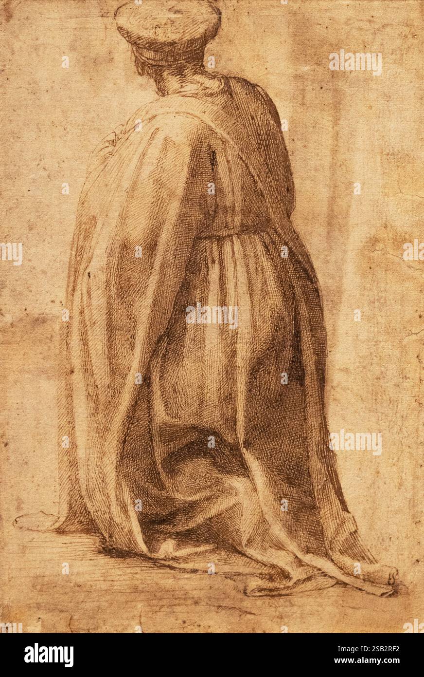 Dessin de Michel-Ange ; Un homme agenouillé vu de derrière, 1490-94, stylo et encre brune sur papier. Dessins et art de la Renaissance italienne, années 1400, XVe siècle. Banque D'Images