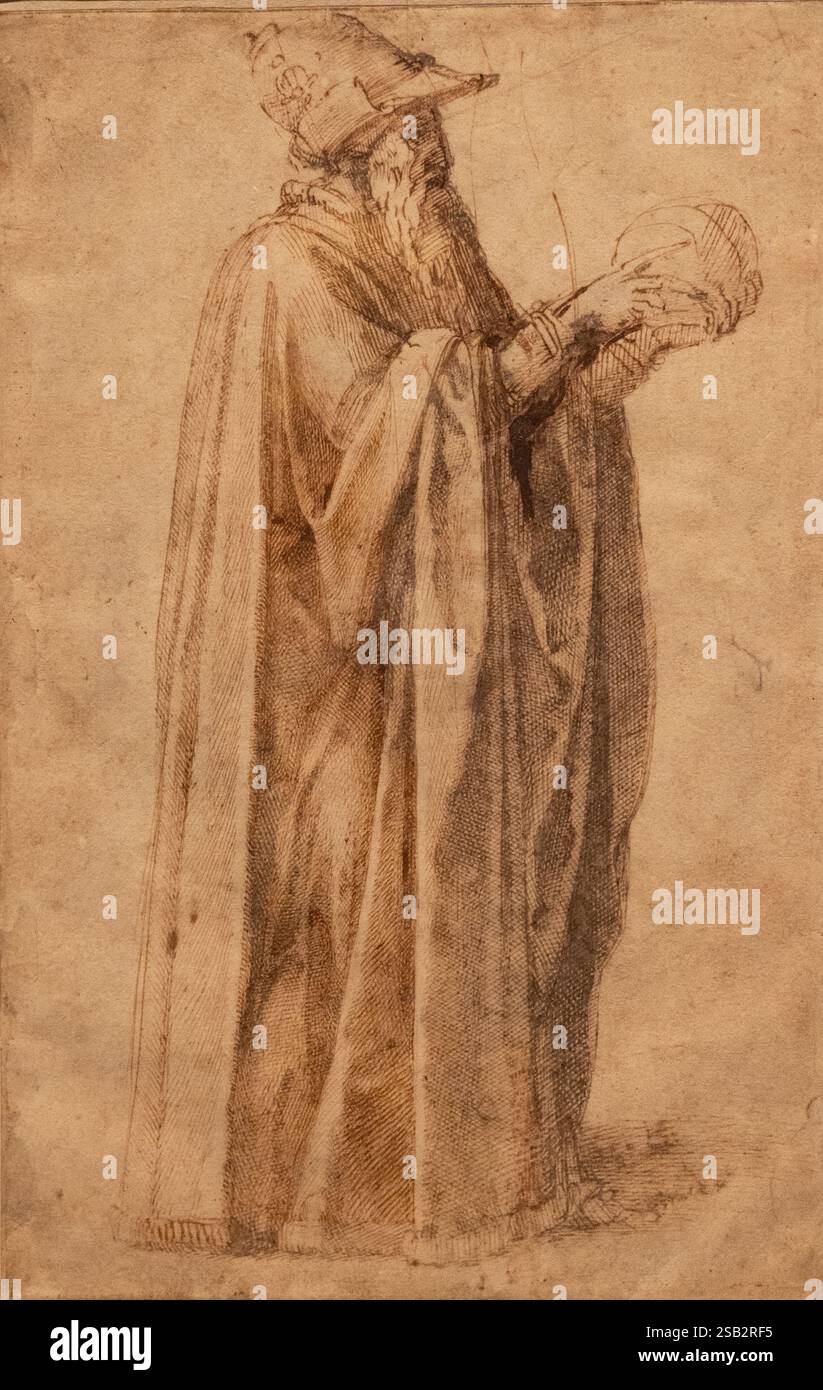 Dessin de Michel-Ange ; vieil homme portant un chapeau ( le philosophe ) ; 1490-94, stylo à l'encre grise et brune sur papier, 15h siècle Renaissance italienne Banque D'Images