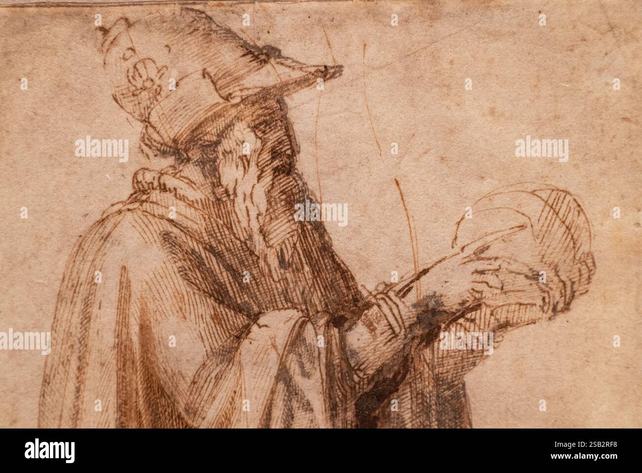 Michelangelo dessin ; vieil homme portant un chapeau ( le philosophe ) - détail ; 1490-94, stylo à encre sur papier, 15h Century Italian Renaissance Banque D'Images