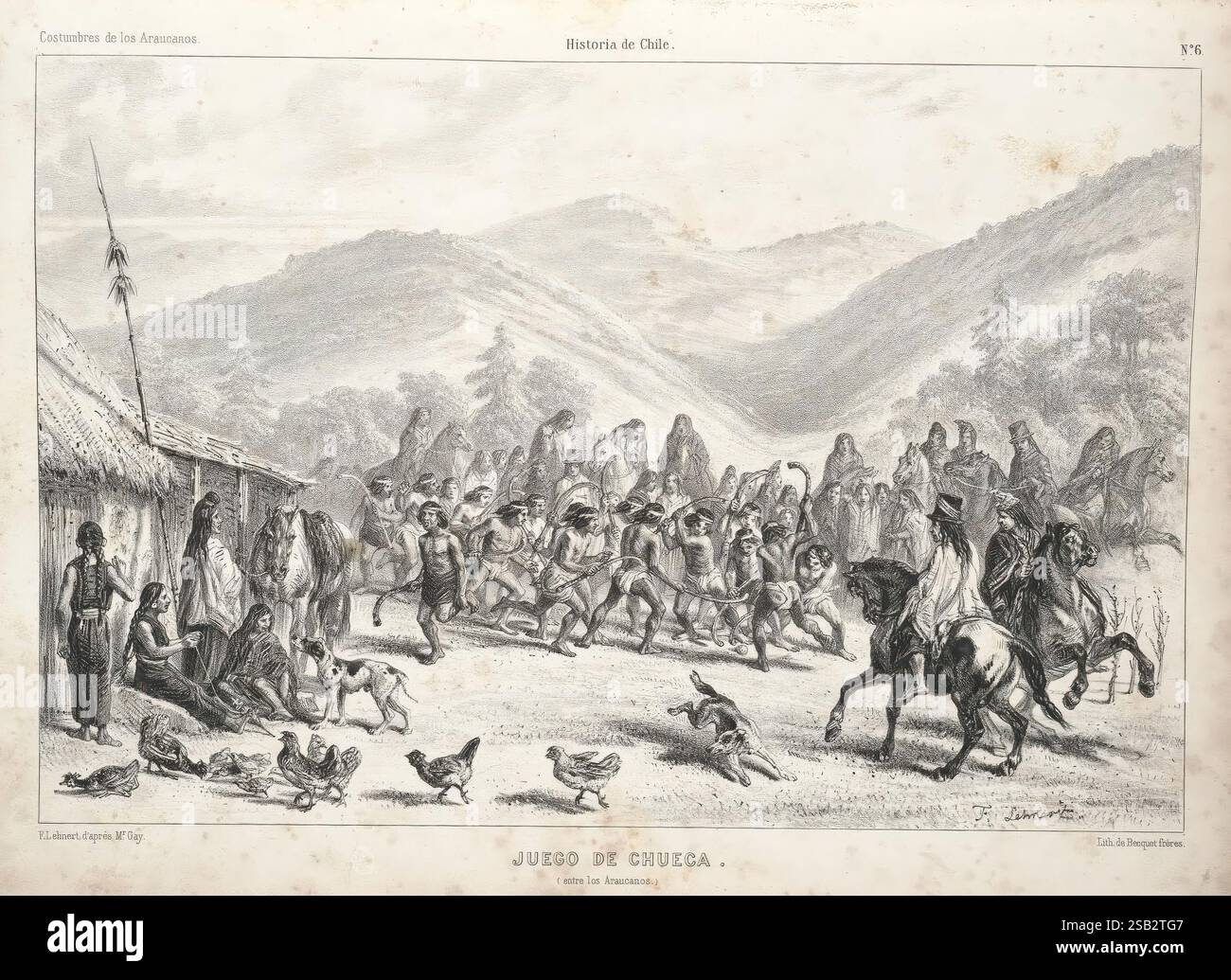 Historia, fisica, y, politica, de, Chile, segun, documentos, adquiridos, fr, esta, republica, durante, doce, anios, de, residencia, en, ella, y, publicada, bajo, los, auspicios, del, supremo, gobierno, Paris, Chile, fr, el, Museo, de, historia, naturel, de, Santiago, en, casa, del, Autor 1844-71, Chili, plantes, histoire, naturel, histoire, agriculture, zoologie, sources, politique, et, gouvernement, la scène représente un rassemblement traditionnel animé où se déroule un jeu appelé 'Juego de Chueca'. Au premier plan, un groupe d'individus, peut-être d'une communauté autochtone, est engagé dans th Banque D'Images