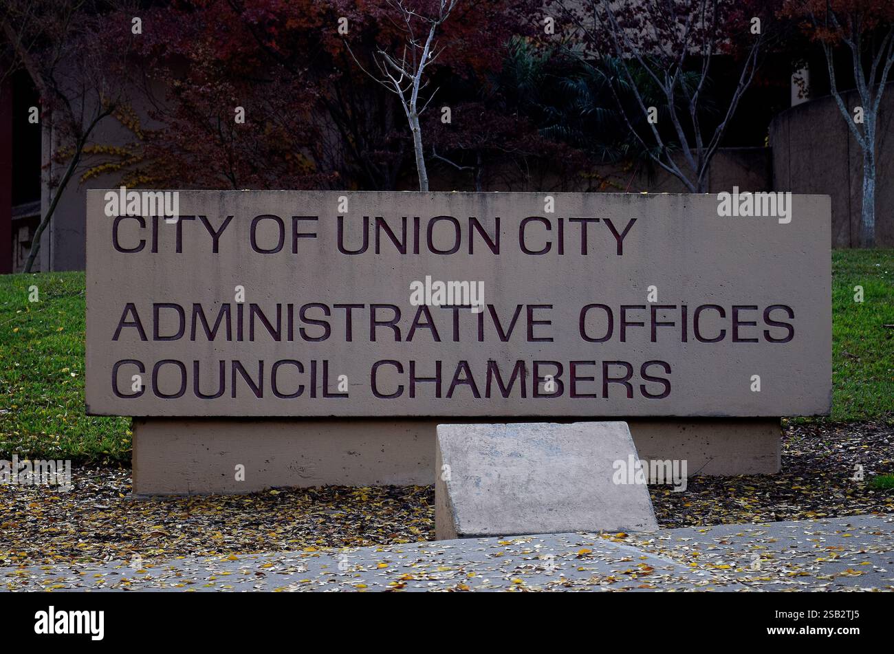 Bureaux administratifs de la ville d'Union, panneau des chambres du Conseil, Californie Banque D'Images