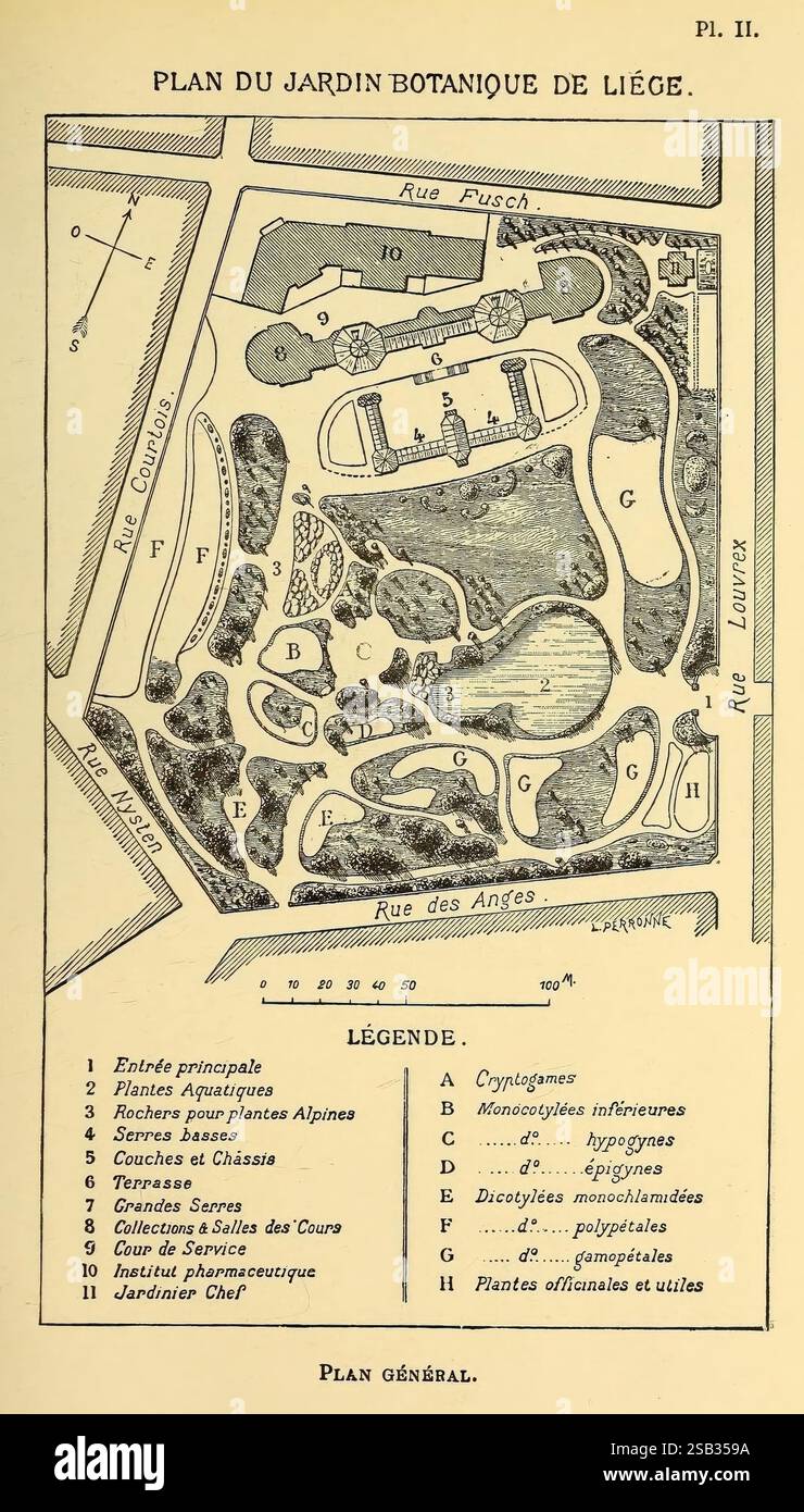 Belgique horticole Liége botanique horticulture périodiques plantes, Un plan détaillé du jardin botanique de Liège, mettant en évidence les différentes caractéristiques et zones du jardin. La disposition comprend des chemins, des sections distinctes étiquetées avec des lettres et des chiffres, et diverses collections de plantes. Les zones clés marquées sur la carte comprennent l'entrée principale, les plantes alpines et les différents styles de jardin. La légende fournit des explications sur les symboles utilisés, tandis que la conception globale met l'accent sur l'organisation complexe et les diverses offres du jardin botanique, invitant les visiteurs à explorer sa riche beauté naturelle. Banque D'Images