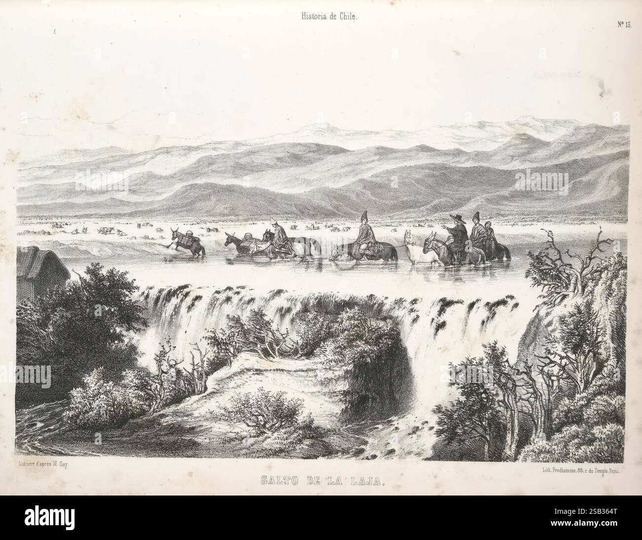 Historia, fisica, y, politica, de, Chile, segun, documentos, adquiridos, fr, esta, republica, durante, doce, anÌƒos, de, residencia, en, ella, y, publicada, bajo, los, auspicios, del, supremo, gobierno, Paris, Chile, fr, el, Museo, de, historia, naturel, de, Santiago, en, casa, del, Autor 1844-71, Chili, plantes, histoire, naturel, histoire, agriculture, zoologie, sources, politique, et, gouvernement, la scène représente un groupe de cavaliers traversant une rivière, avec des cascades visibles en arrière-plan. Le paysage présente des collines vallonnées qui s'étendent dans la distance, ajoutant de la profondeur au natu Banque D'Images