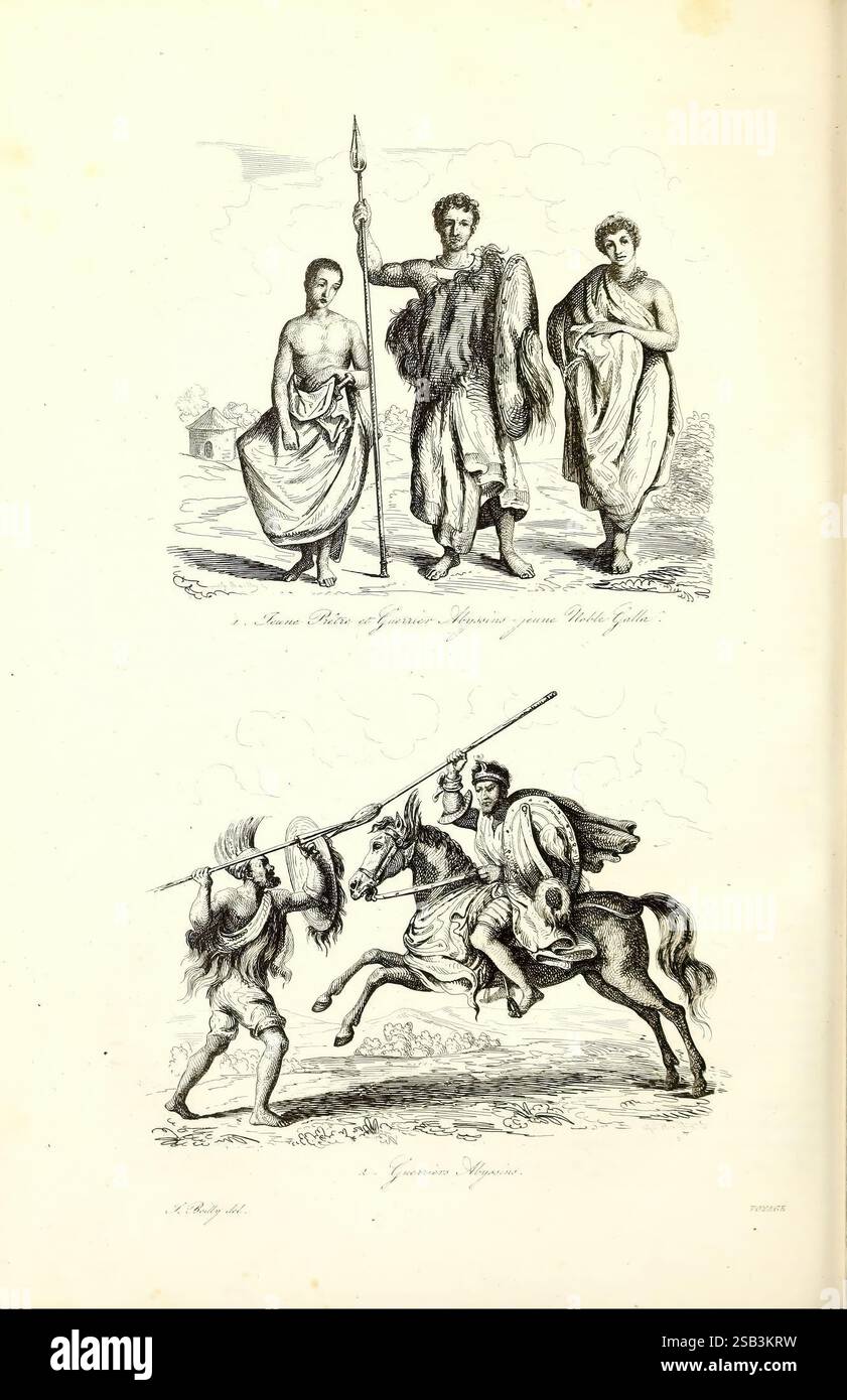Voyage pittoresque en Asie et en Afrique, Paris, Furne, 1839, Africa, Asie, découverte et exploration, Description et voyages, voyages et voyages, découvertes en géographie, la scène représente deux sections distinctes avec des figures mettant en valeur des vêtements et des activités d'une époque passée. Dans la partie supérieure, trois figures sont illustrées, chacune portant des vêtements traditionnels. La figure centrale, plus visible, tient une lance et est ornée d'un manteau ressemblant à de la fourrure, tandis que les deux autres figures sont habillées de robes plus simples. Leurs postures suggèrent un sens de l'autorité et du mouvement, indiquant peut-être un ec Banque D'Images