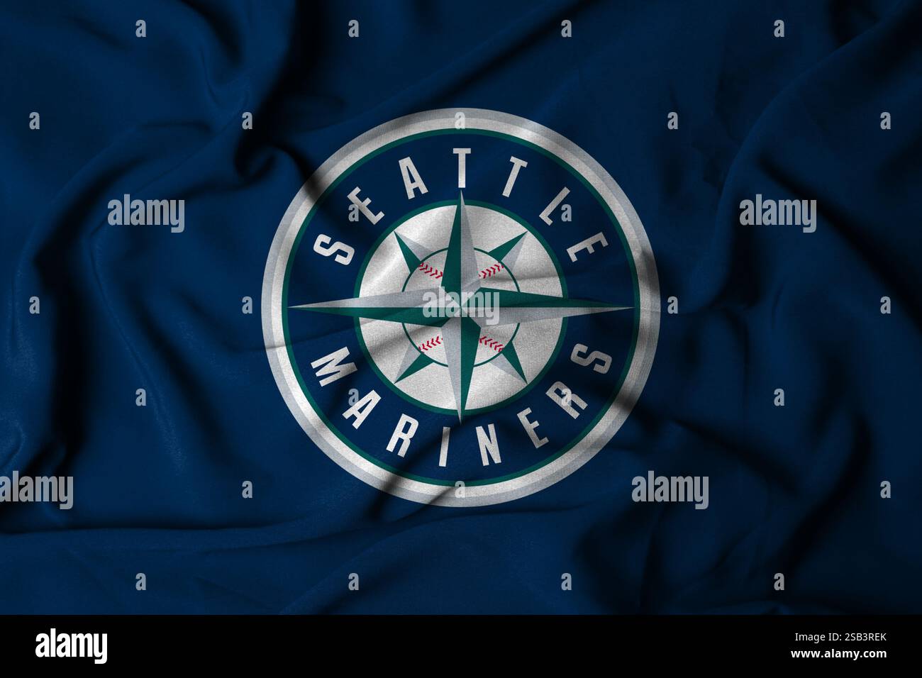 Pringsewu, Lampung ; 1er février 2025 ; la texture du tissu comporte un drapeau avec le logo de l'équipe de baseball MLB Seattle Mariners, illustration 3D. Banque D'Images