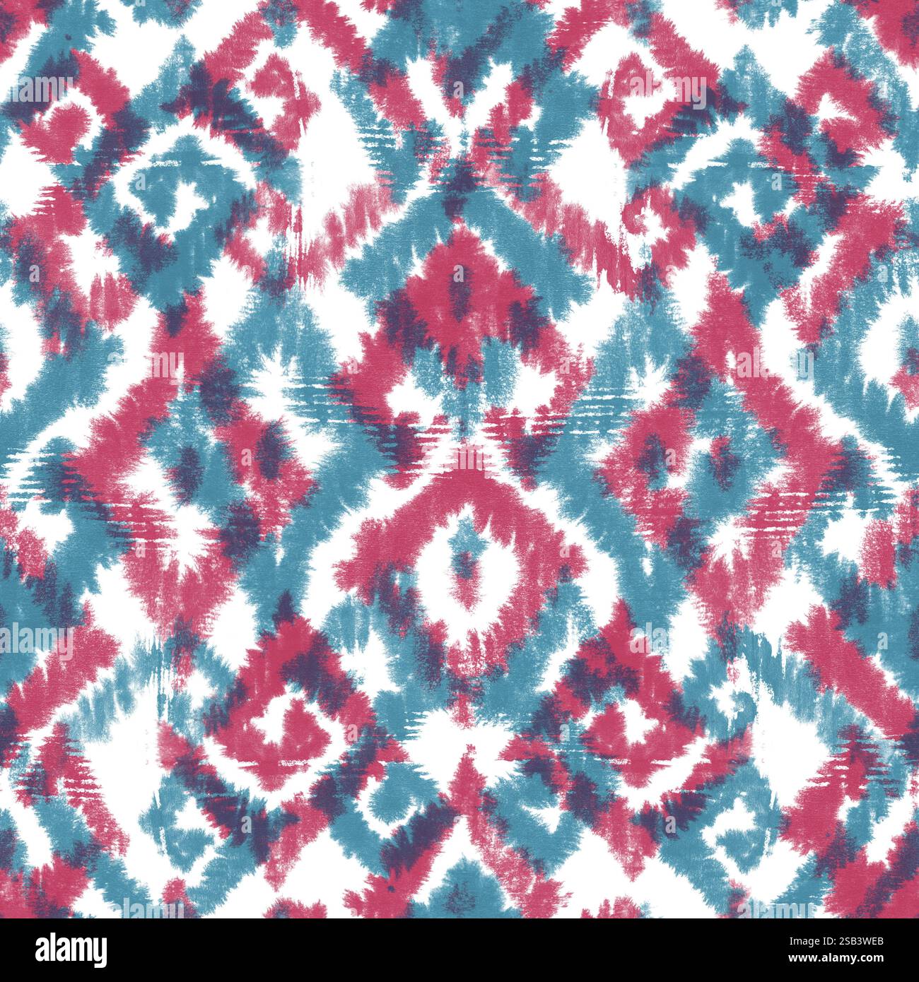 Aquarelle style boho ikat orné motif sans couture. Éléments de couleur bleu sarcelle et rouge rose sur fond blanc. Aquarelle dessinée à la main texture abstraite Banque D'Images
