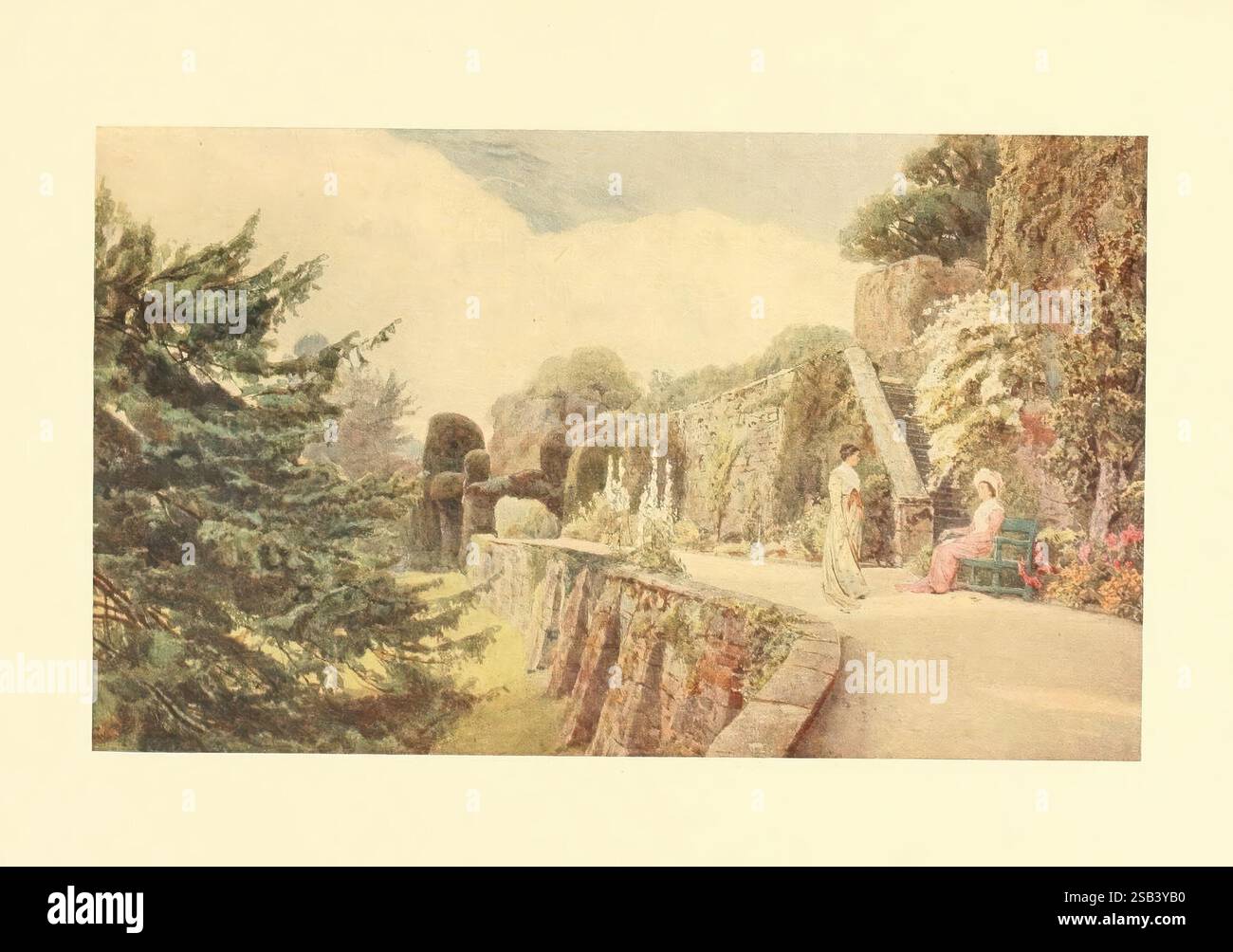 Quelques jardins anglais, et Bombay, Longmans, Green & Co, 1904. Angleterre, jardins, jardinage paysager, George Samuel Elgood, Gertrude Jekyll, fleurs, horticulture, femmes dans la science, Une scène de jardin sereine se déroule, avec un sentier sinueux bordé par une végétation luxuriante et un feuillage aux couleurs vibrantes. Un mur de pierre crée une sensation de profondeur et d'enceinte, orné de plantes grimpantes qui ajoutent des textures au décor. Sur le chemin, deux personnages - une femme en tenue fluide et une autre engagée dans une activité tranquille - interagissent au milieu de l'environnement tranquille. Arbres imposants et haies méticuleusement façonnées fra Banque D'Images