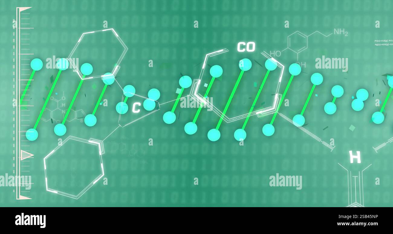 Image de structure chimique sur fond de codage binaire Banque D'Images