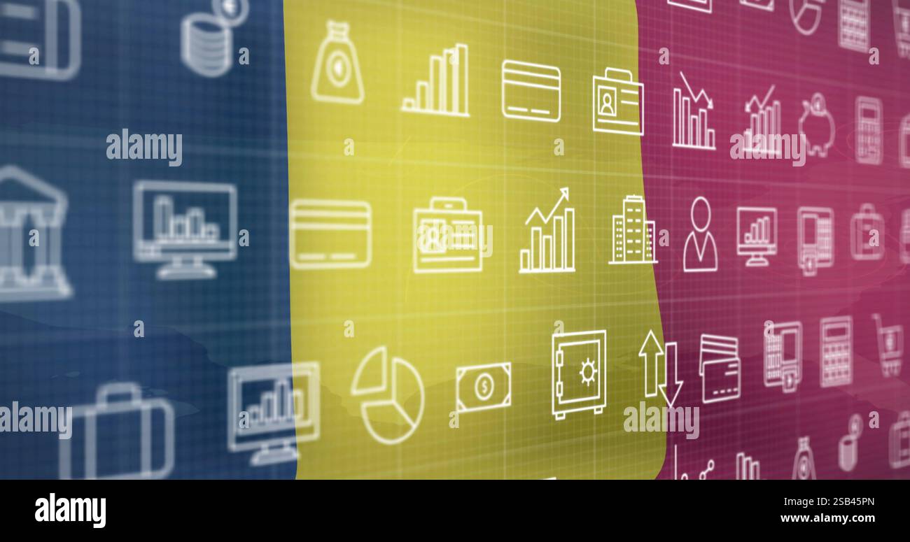 Images d'icônes financières et commerciales sur les lignes de grille et drapeau Tchad Banque D'Images