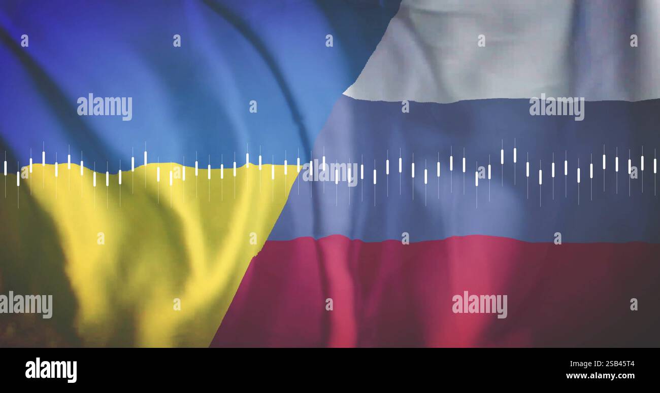 Drapeaux de l'Ukraine et de la Russie avec l'image de traitement des données au-dessus d'eux Banque D'Images
