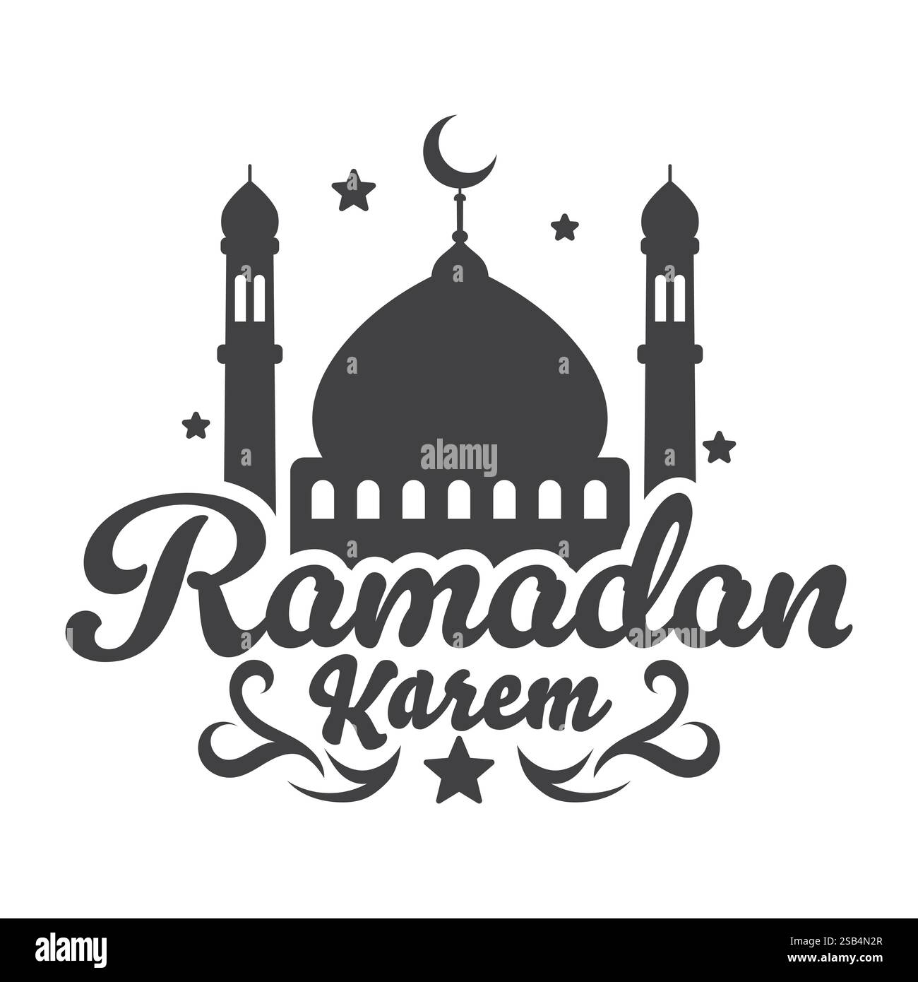 Un graphique stylisé représente Ramadan Karem avec une silhouette de mosquée, un croissant de lune et des étoiles, véhiculant l'esprit du mois sacré islamique. Illustration de Vecteur