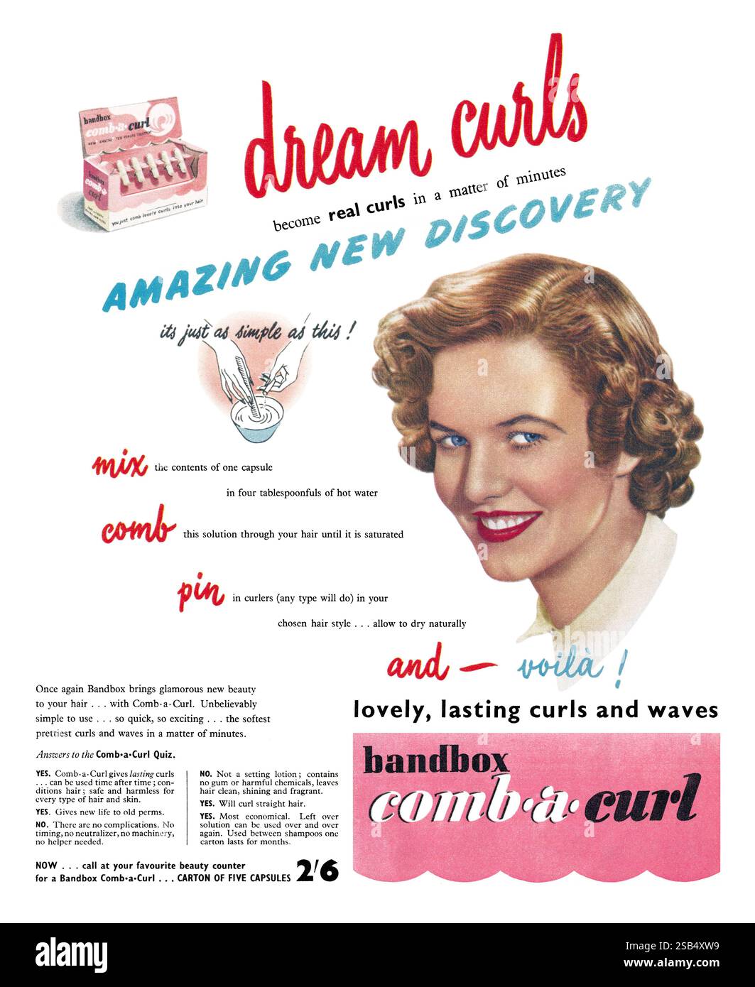 Publicité britannique 1949 pour les capsules de curling Bandbox Comb-A-Curl. Banque D'Images