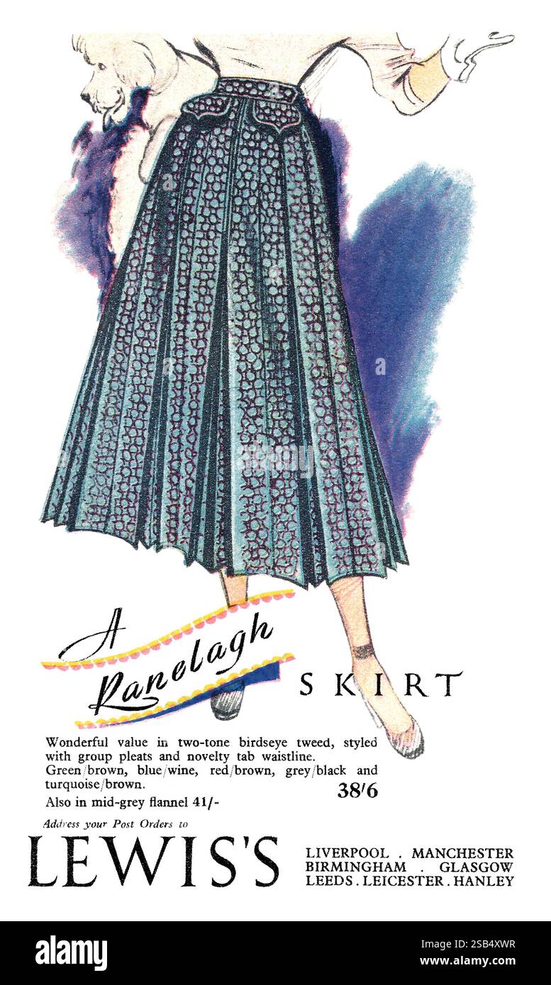 1949 publicité de mode féminine britannique pour une jupe plissée Ranelagh par Lewis's.. Banque D'Images