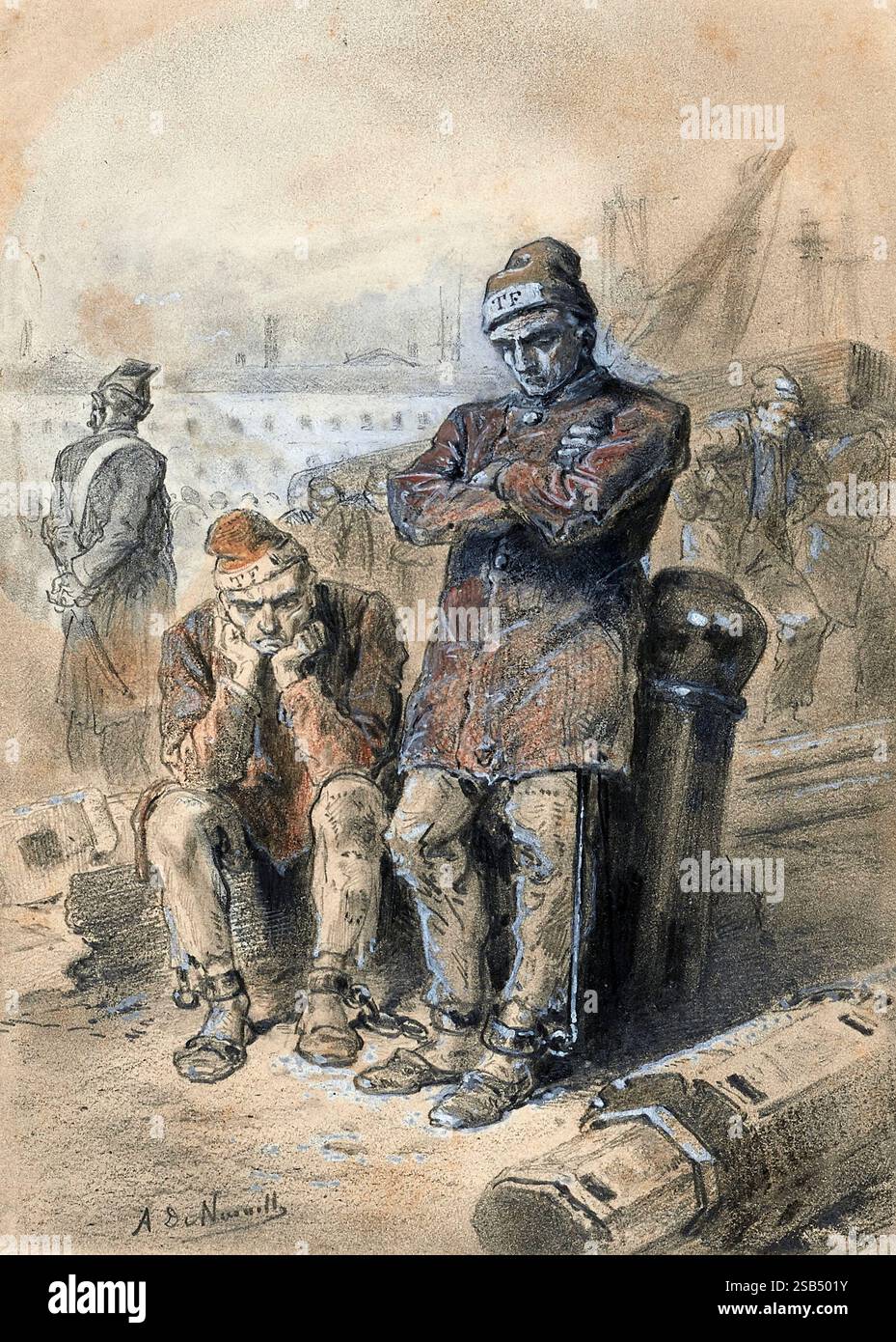 Valjean (à droite) dans le bain de Toulon ; les lettres TF sur son chapeau font référence à des travaux forcés. Banque D'Images