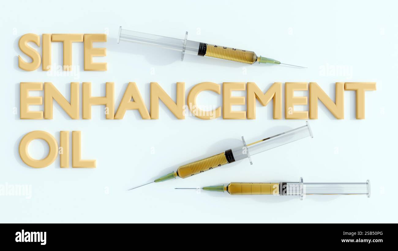 Rendu 3D du mot « HUILE D'AMÉLIORATION DE SITE » avec médicament liquide jaune à l'intérieur de la seringue médicale. Banque D'Images