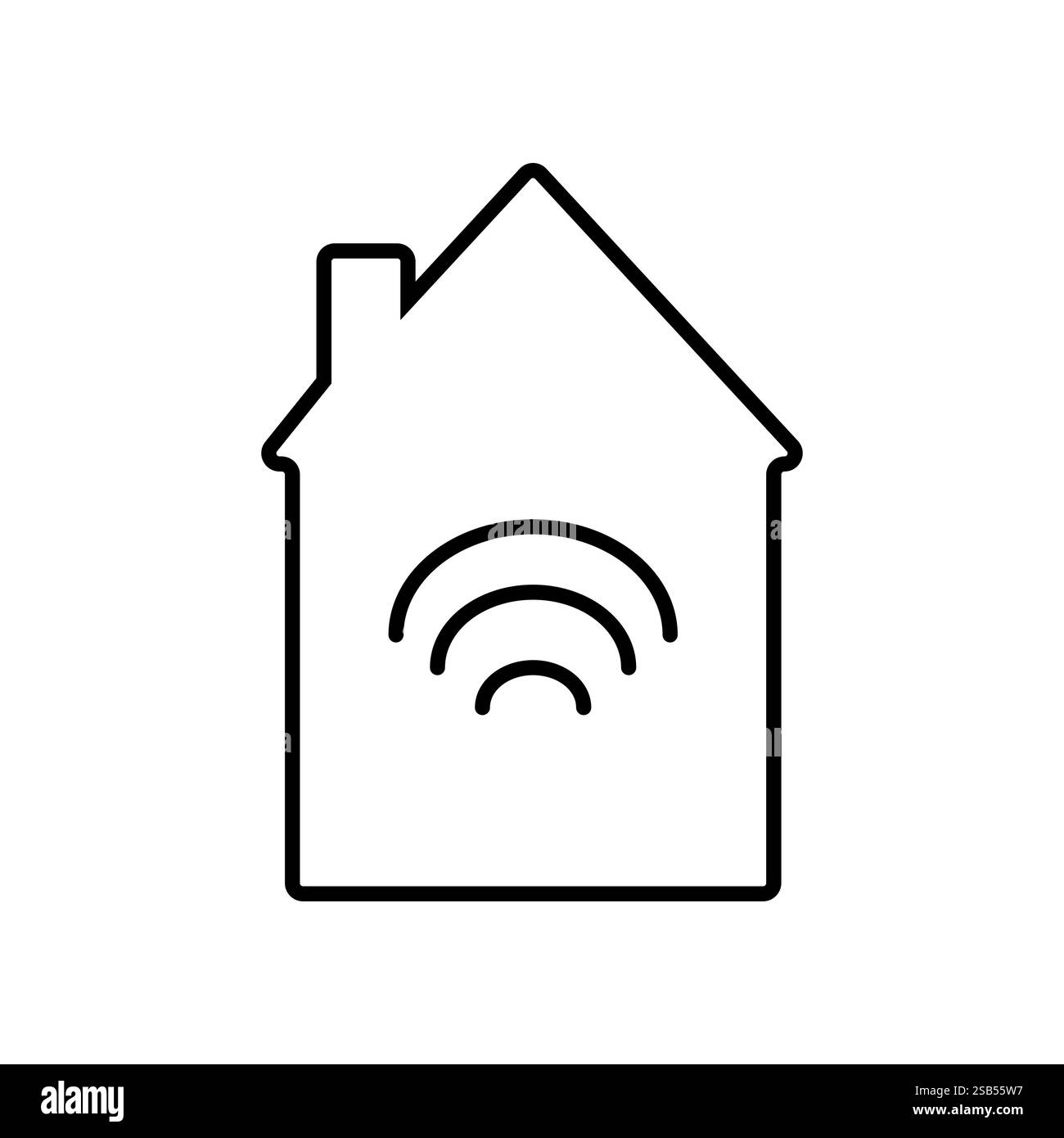 Un contour simple d'une maison avec des ondes de signal wifi rayonnant vers l'extérieur, indiquant la présence d'une connectivité Internet sans fil dans les maisons modernes Illustration de Vecteur