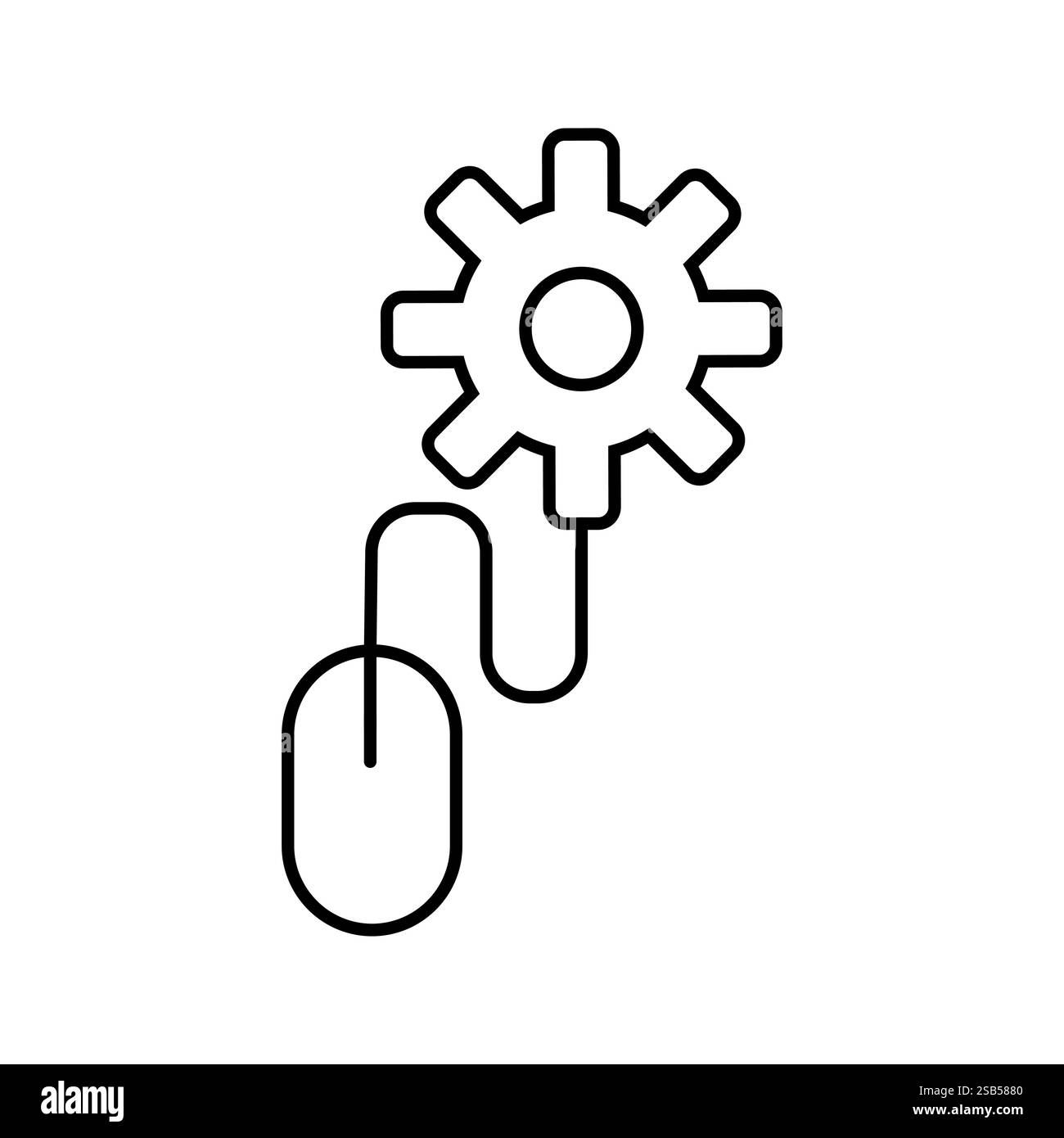 Dessin au trait noir et blanc d'une souris d'ordinateur connectée à un engrenage, suggérant un concept de paramétrage ou de personnalisation de l'ordinateur. Illustration de Vecteur