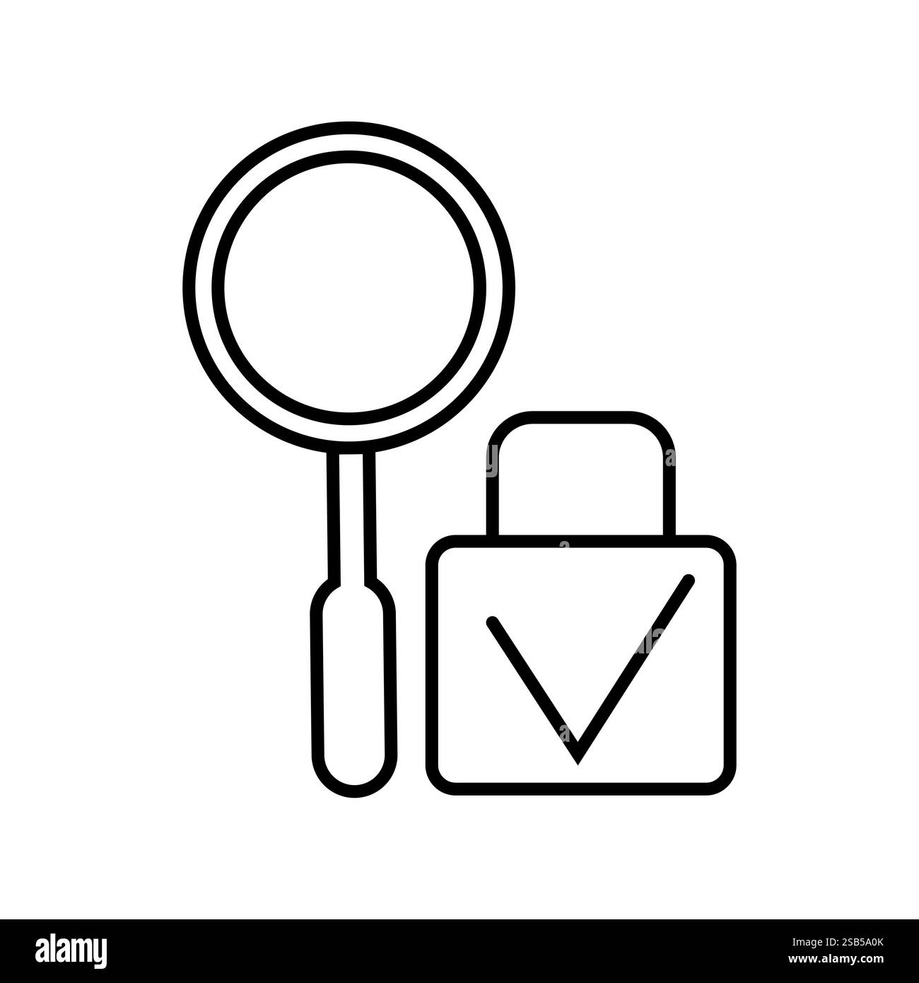 Une loupe est positionnée à côté d'un cadenas avec une coche, illustrant les thèmes de sécurité, de confidentialité et de vérification généralement associés Illustration de Vecteur
