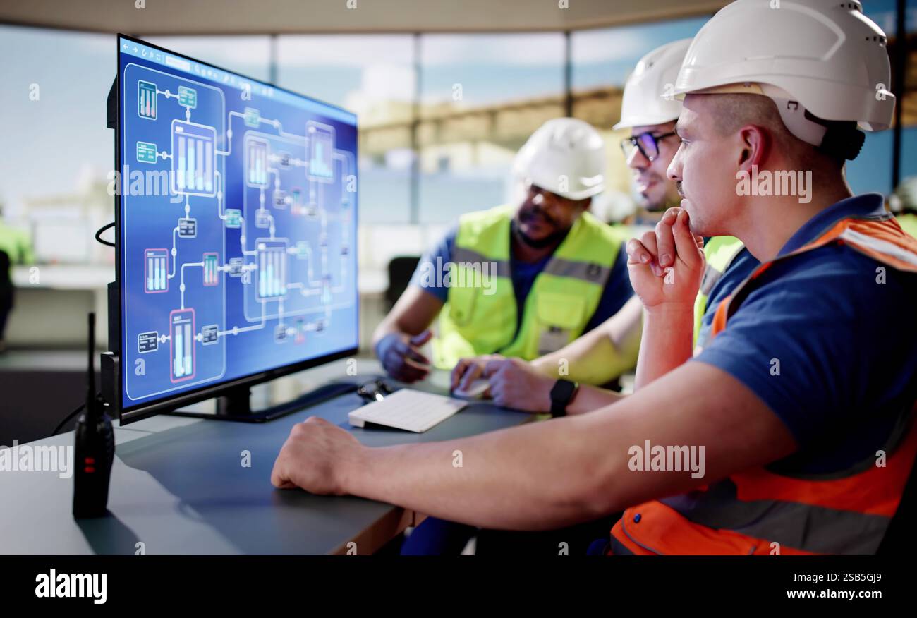 Opérateur logistique diversifié gérant la cargaison au port d'expédition avec SCADA Banque D'Images Opérateur logistique diversifié gérant la cargaison au port d'expédition avec SCADA Banque D'Images