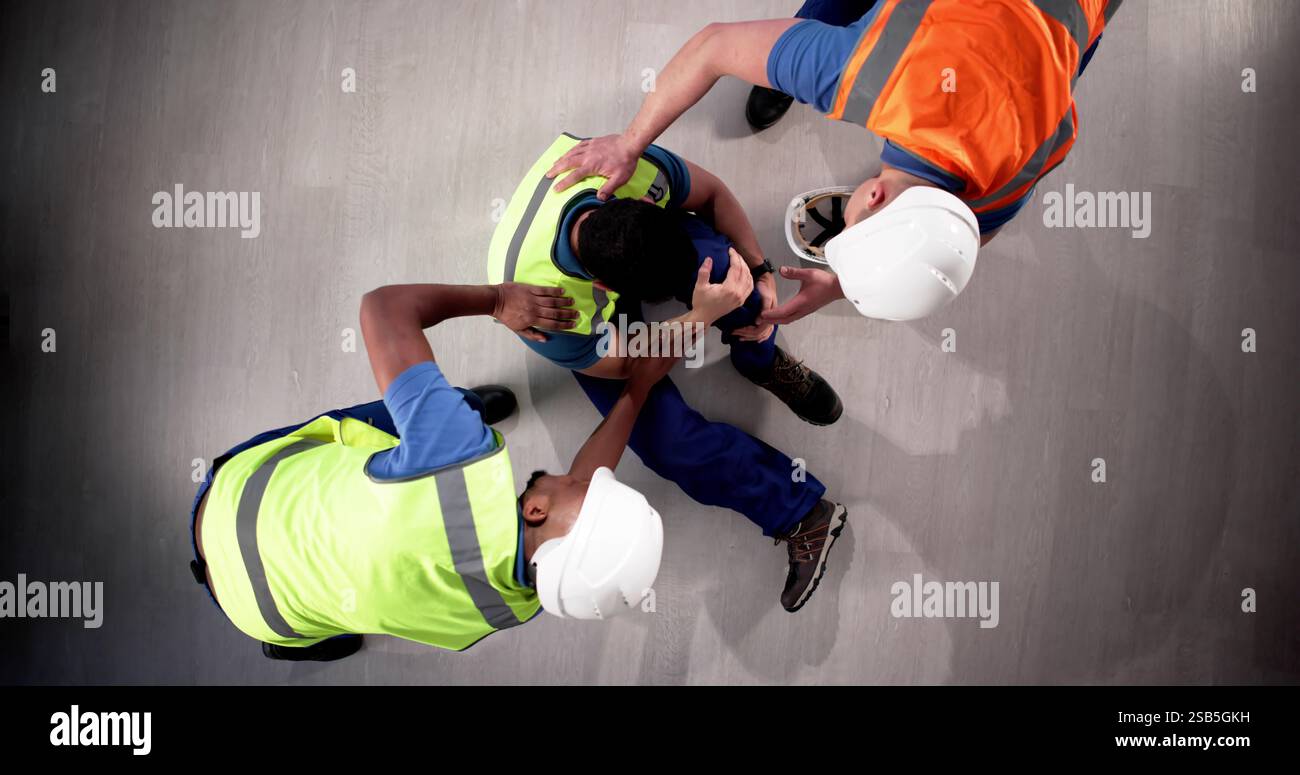 L'équipe d'intervention d'urgence aide les travailleurs blessés sur le site de l'accident d'usine. Banque D'Images L'équipe d'intervention d'urgence aide les travailleurs blessés sur le site de l'accident d'usine. Banque D'Images