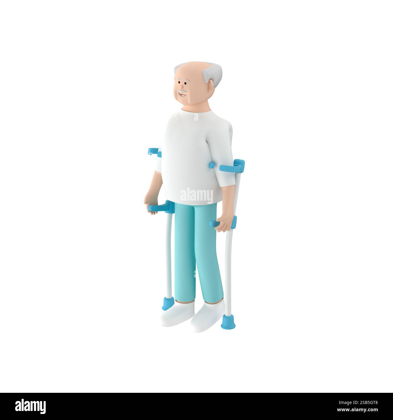 Personnage masculin âgé marchant à l'aide de béquilles d'avant-bras, rendu 3D. Banque D'Images