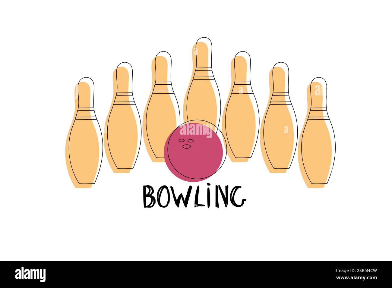 Une ligne de quilles de bowling avec une boule de bowling au milieu, prêt pour une grève dans une piste de bowling. Illustration de Vecteur