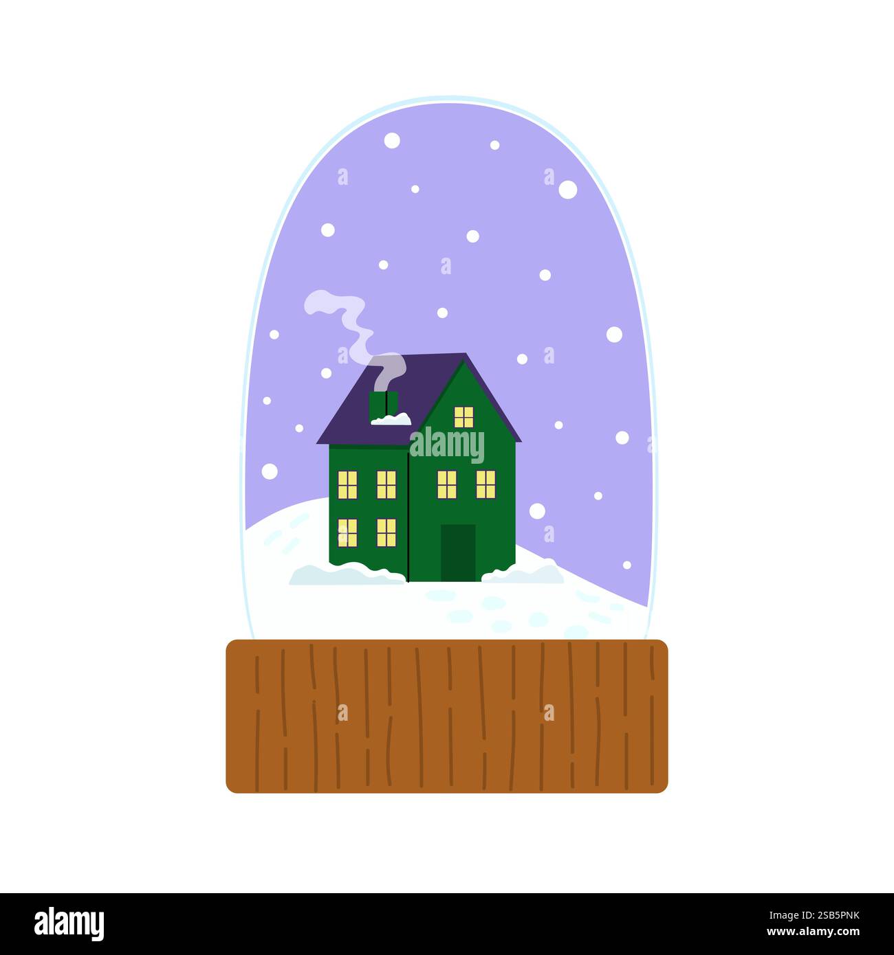 Une charmante maison verte se trouve au sommet d'un paysage enneigé dans une boule de neige décorative, illustrant une scène hivernale sereine avec des flocons de neige qui tombent doucement. Illustration de Vecteur