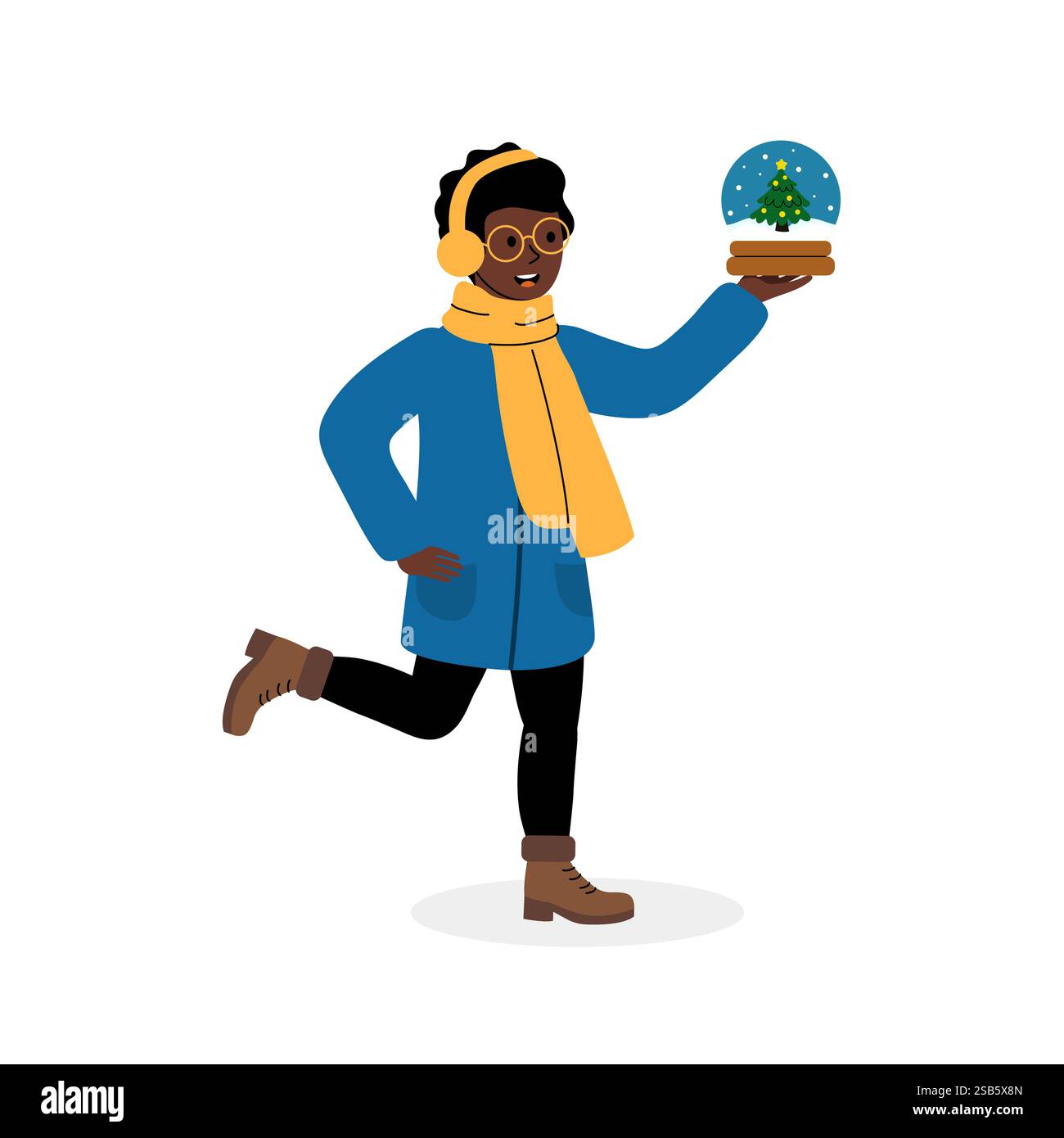 Une personne vêtue de vêtements d'hiver court joyeusement tout en portant une boule à neige avec un arbre de Noël à l'intérieur. La scène capture des vacances festives Illustration de Vecteur