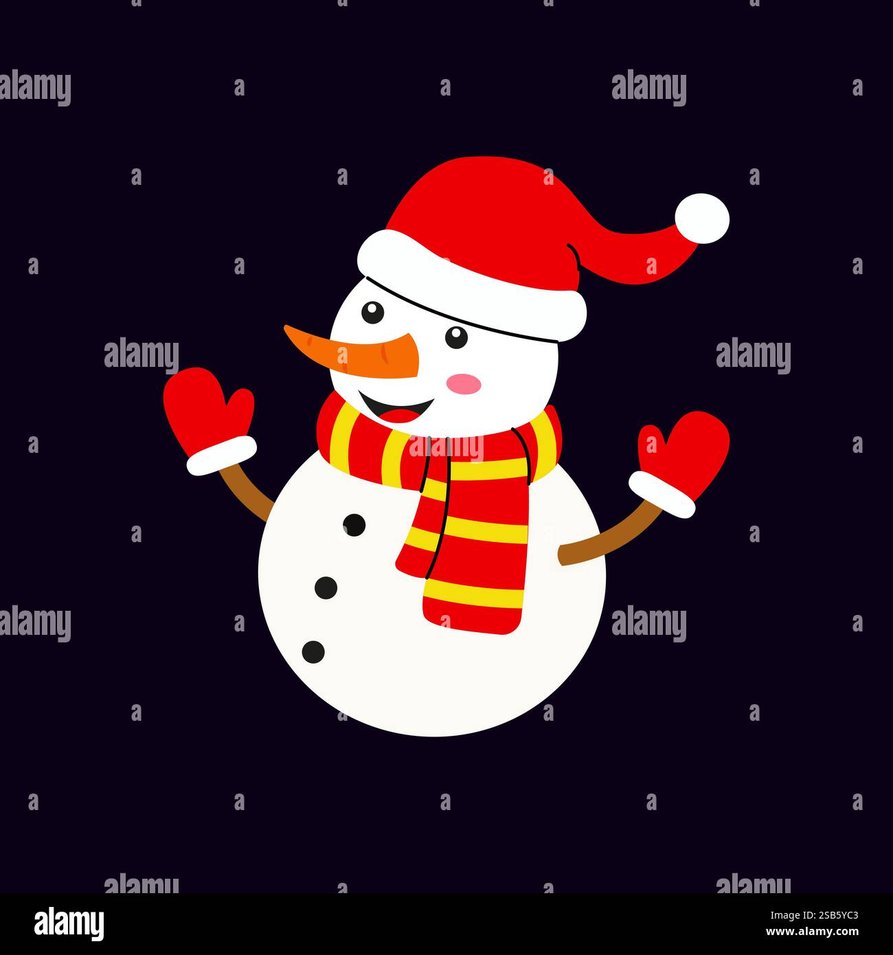 Un joyeux bonhomme de neige se tient sur un fond sombre, orné d'un chapeau rouge vif et de gants. Son foulard est rayé de couleurs jaune et rouge, embodyin Illustration de Vecteur