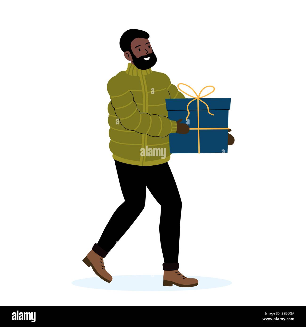 Un homme dans une veste verte marche joyeusement tout en tenant un cadeau enveloppé avec un ruban. Cette scène capture la joie de donner pendant les célébrations hivernales Illustration de Vecteur