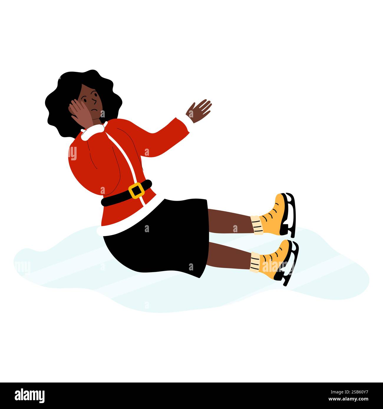 Une femme vêtue d'une tenue rouge avec une ceinture glisse sur la patinoire, portant des patins à glace orange. Il semble être une journée d'hiver ensoleillée dans un locati extérieur Illustration de Vecteur