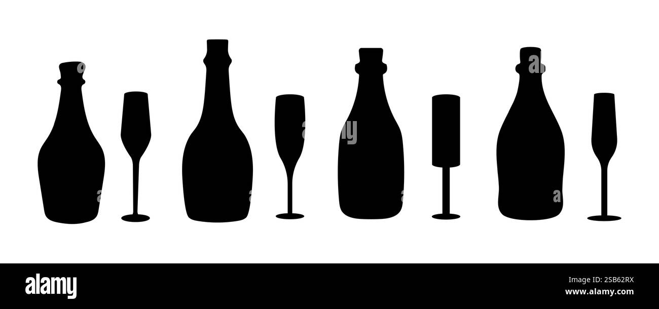 Une rangée de bouteilles de champagne et de flûtes, le tout en silhouette noire sur fond blanc. Illustration de Vecteur