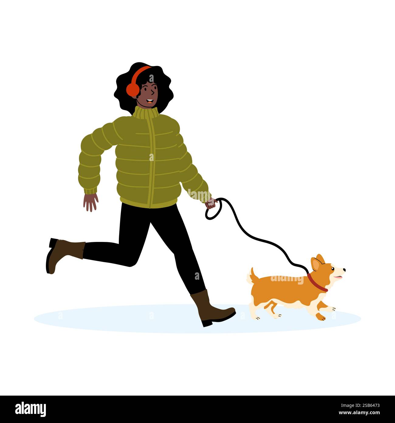 Une femme aime une promenade animée avec un petit chien dans un parc. Elle porte une veste verte et des écouteurs, se déplaçant rapidement tandis que le chien trotte avec excitation Illustration de Vecteur