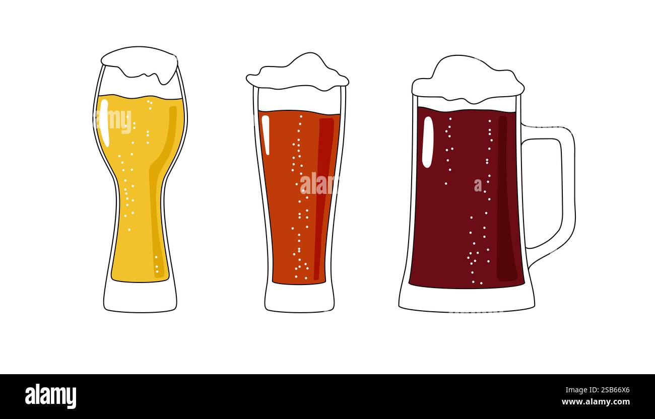 Verres à bière. Trois versions bière légère, bière brune et bière ambre. Illustration vectorielle isolée sur fond blanc. Illustration vectorielle Illustration de Vecteur