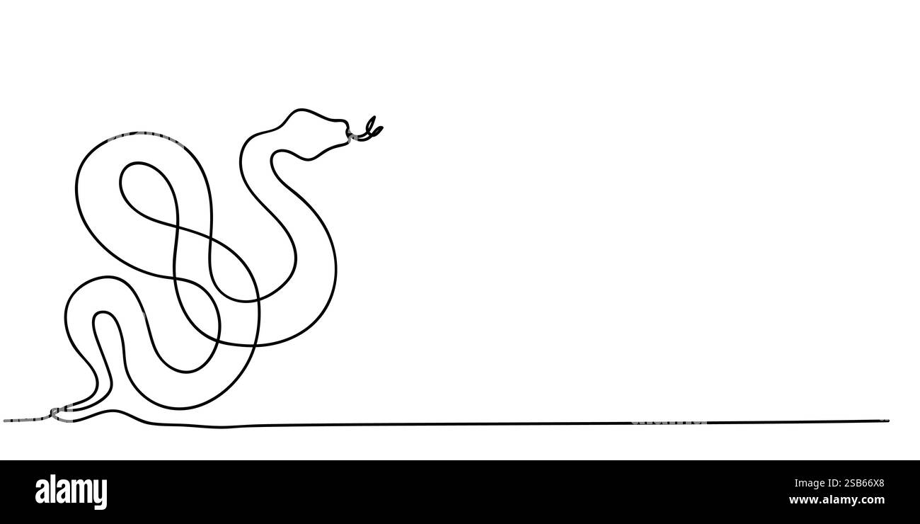 L'œuvre présente un dessin au trait simple mais élégant d'un serpent, délicatement enroulé sur une surface plane tout en étendant sa langue. Le design emphasi Illustration de Vecteur