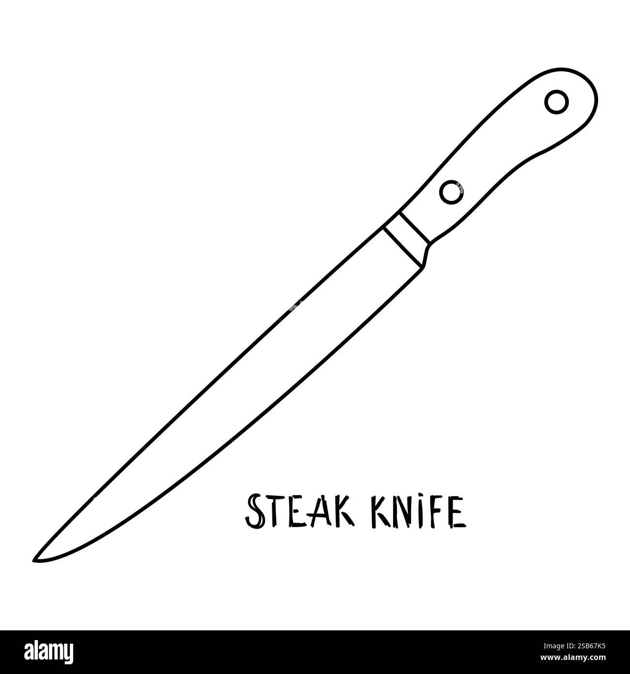 Un dessin détaillé en noir et blanc d'un couteau à steak, mettant en valeur sa lame tranchante, son manche et ses détails complexes. Le couteau est représenté dans un s réaliste Illustration de Vecteur