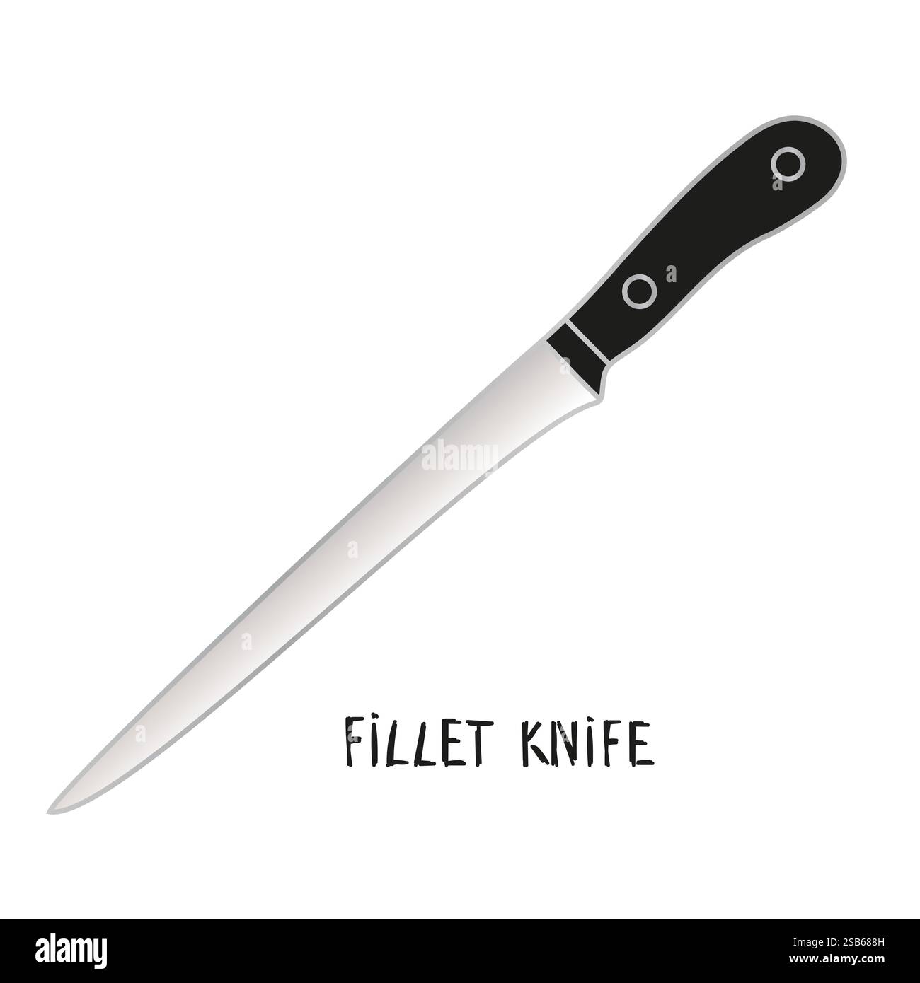 Un couteau doté d'un manche noir est affiché bien en évidence sur un fond blanc propre. Le design élégant du manche du couteau ajoute une touche moderne t Illustration de Vecteur