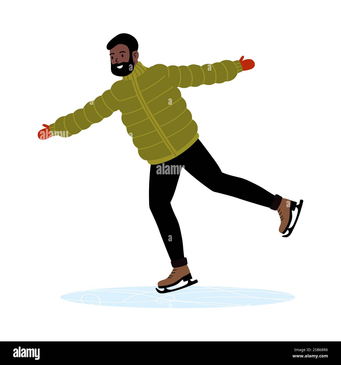 Un homme aime patiner sur une patinoire. Il porte une veste bouffante verte, des gants orange et des patins marron. Son expression joyeuse reflète le plaisir de l'hiver s. Illustration de Vecteur